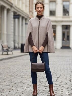 Tahari Knit Zip-Up Cape Poncho Sweater Oatmeal Beige One Size
